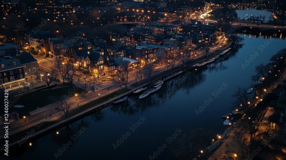 Fototapeta premium Philadelphia aerial view featuring Boathouse Row along the Schuylkill River at night