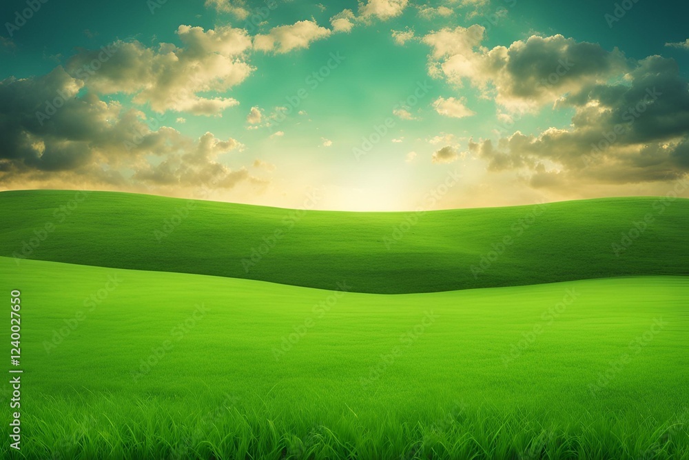 Fototapeta premium Field of green grass and sky 