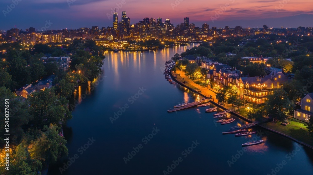 Fototapeta premium Philadelphia aerial view featuring Boathouse Row along the Schuylkill River at night