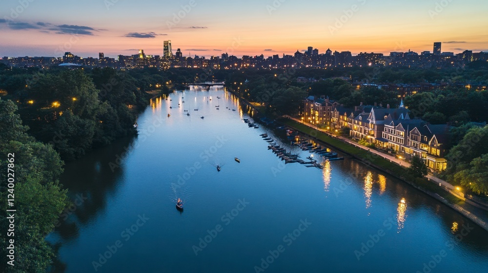 Fototapeta premium Philadelphia aerial view featuring Boathouse Row along the Schuylkill River at night
