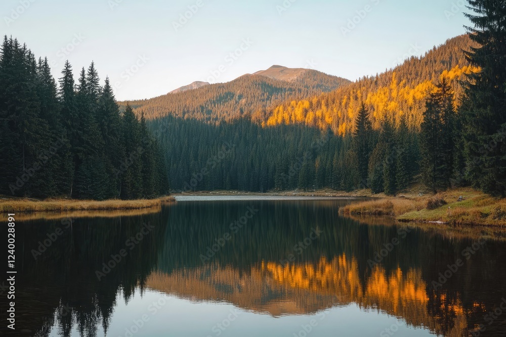 tranquil mountain lake at golden hour mirror reflection pinelined shore tranquil mountain lake at golden hour mirror reflection pinelined shore