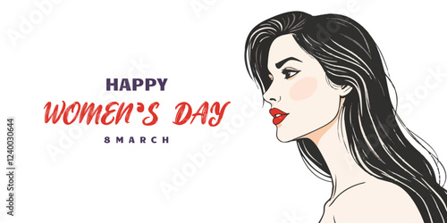 Happy women's day greeting or wishes card social media banner or poster design with woman side face vector illustration silhouette, women's rights, equality, girls, template, horizontal, celebration
