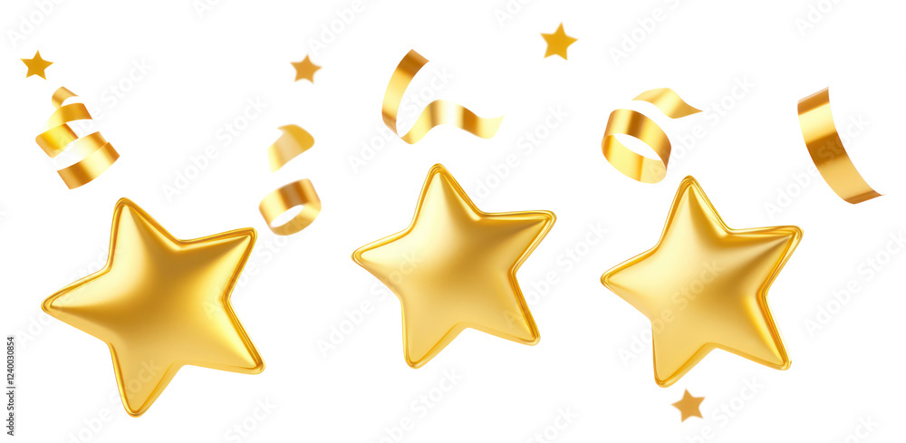 PNG Three gold confetti stars elements ribbons celebration.
