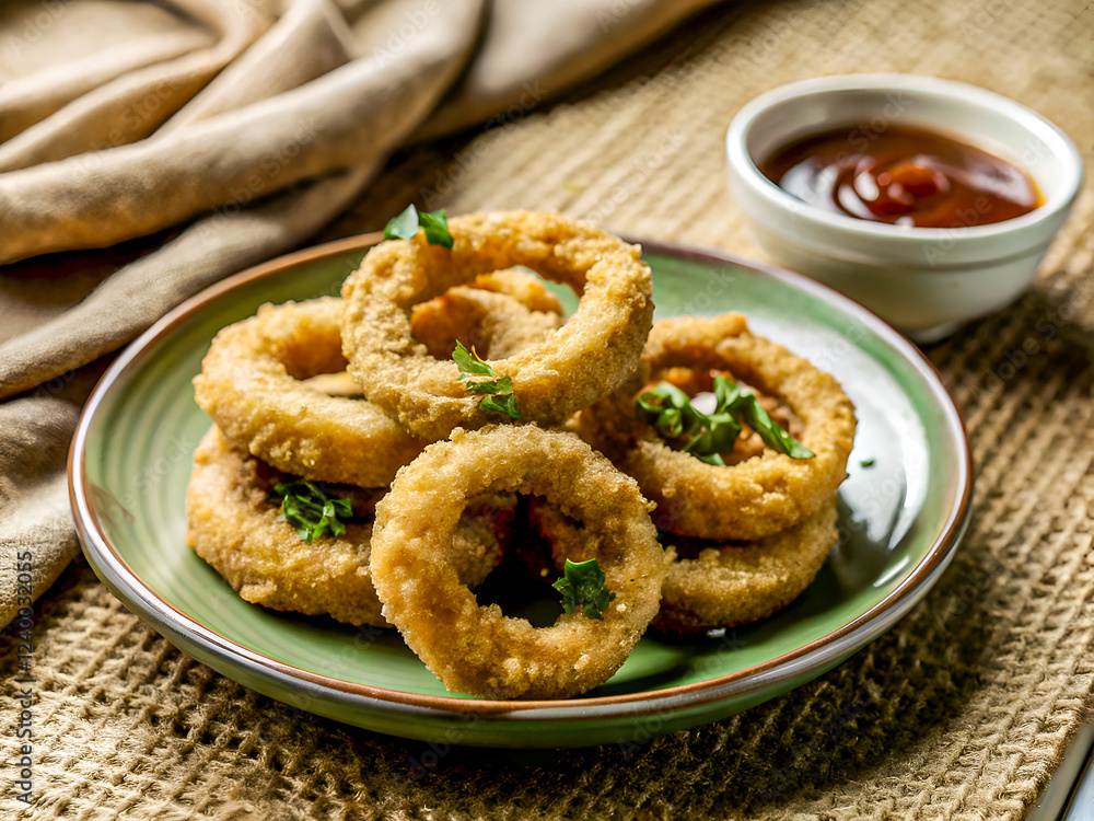 Tasty golden brown deep-fried onion rings with spicy sauce. Delicious food background Tasty golden brown deep-fried onion rings with spicy sauce. Delicious food background