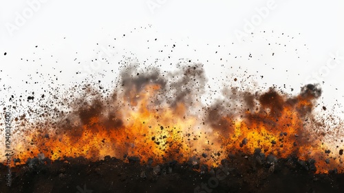 Fiery Explosion with Debris and Smoke Isolated on White Background