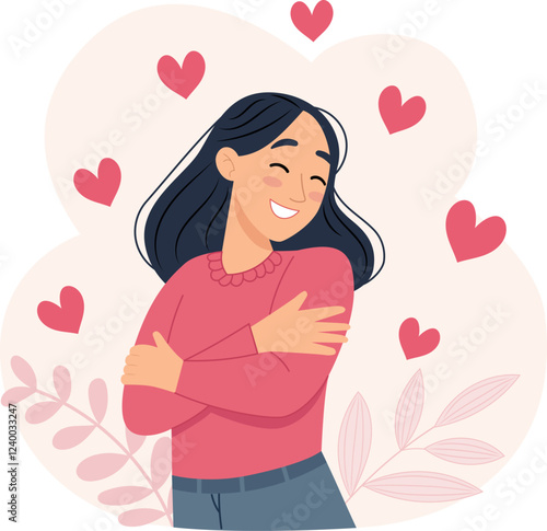 Illustration of a cheerful woman hugging herself with a warm smile, reminding of self-love and positivity.