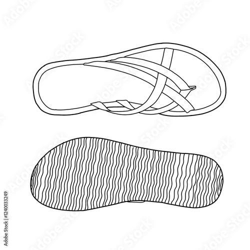 Technical sketch of women's flip flops sandals open toe casual flat sandal vector illustration. Outline vector doodle illustration, top, and bottom view. Isolated on a white background