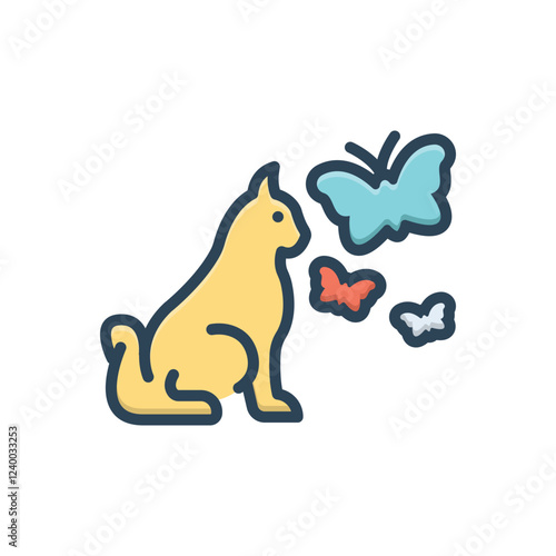 Color illustration icon for cat and butterfly