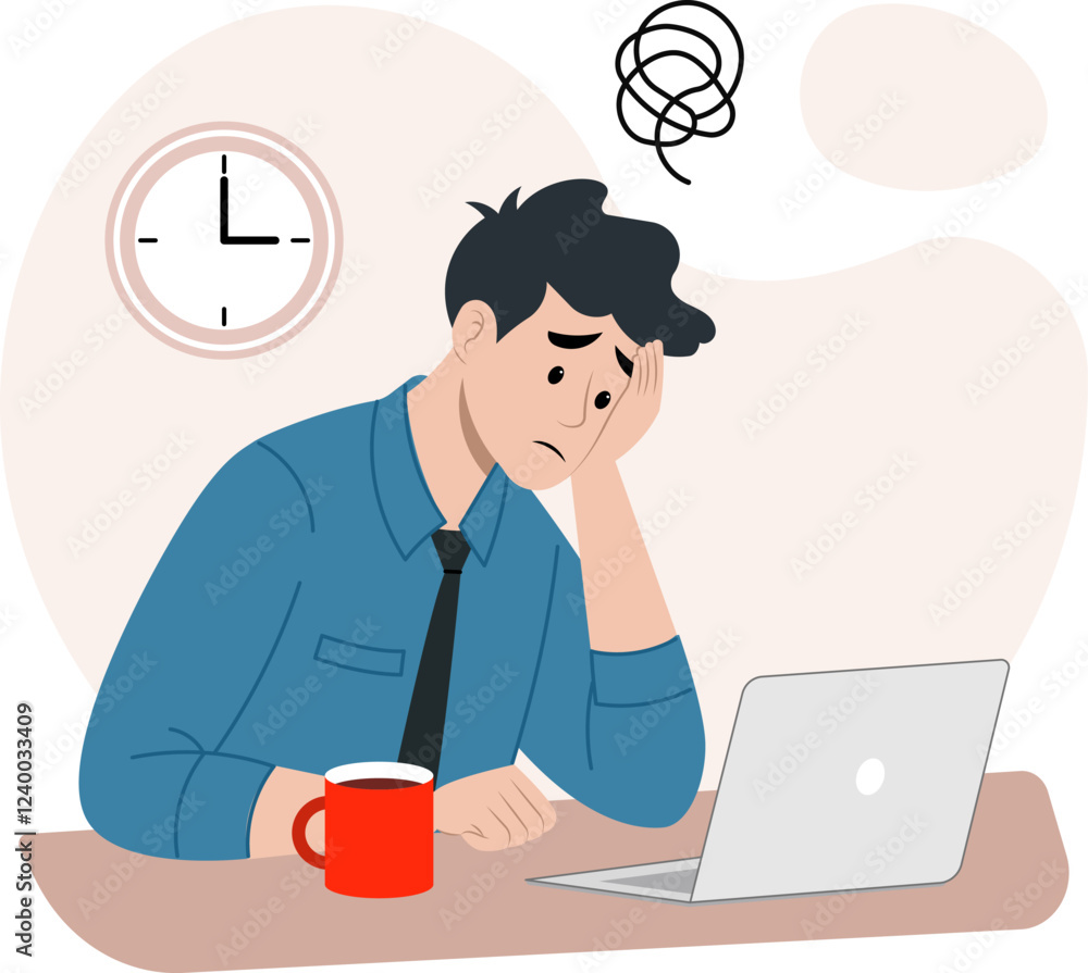 Illustration of a stressed and anxious man sitting at a desk and a spiral symbol above his head representing stress. Illustration of a stressed and anxious man sitting at a desk and a spiral symbol above his head representing stress.