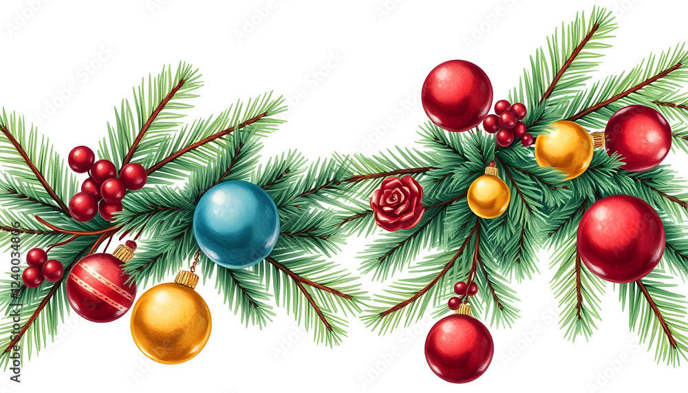 Fototapeta premium Christmas Decoration With Fir Branches And Balls, color sketch. isolated with white shades