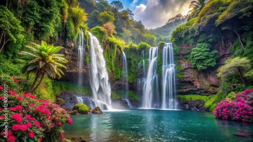 A majestic waterfall cascading down a rugged cliffside, surrounded by vibrant greenery and exotic tropical flowers in a lush island setting , peaceful, verdant