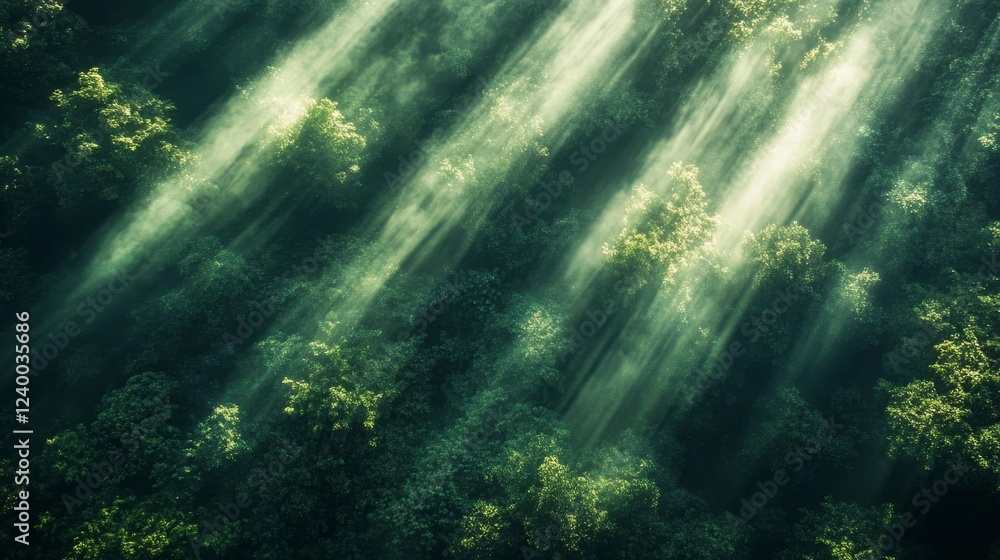 Fototapeta premium Rainforest aerial photo capturing sunlight breaking through the canopy, creating radiant beams