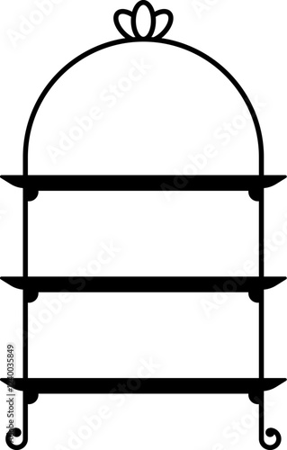 Black silhouette of a three tiered serving stand with an elegant dome shaped top. Isolated vector cake or pie platter and tray, kitchen accessory for afternoon tea, bakery displays, or catering event