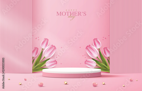 Mother's day for display podium, Valentine's Day with heart and flower. minimal pink background. product display presentation. studio room concept, minimal wall scene. vector design.