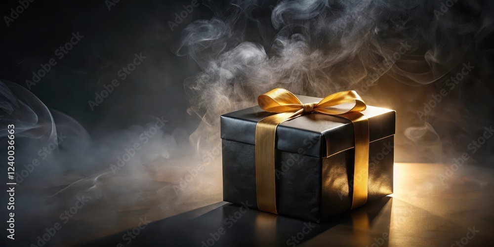 A mysterious black gift box with a golden ribbon in a smoky atmosphere, surrounded by shadows and dim lighting, emitting an aura of secrecy and exclusivity , present, exclusive A mysterious black gift box with a golden ribbon in a smoky atmosphere, surrounded by shadows and dim lighting, emitting an aura of secrecy and exclusivity , present, exclusive
