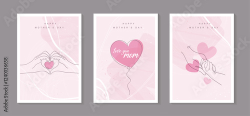 Happy Mother's Day with line art child, hands, flowers and hearts. mom hugging her baby. hand drawn for Happy International Mother's Day card, loving family, parenthood childhood concept. vector.