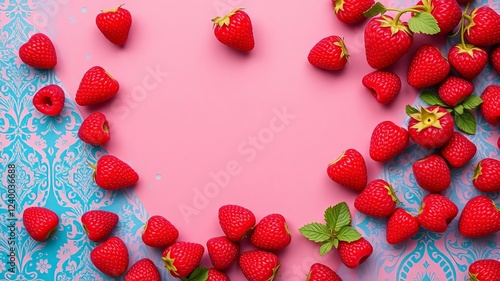 Ripe red raspberries arranged in a pattern on a vibrant blue background, perfect for a fresh and detoxifying vegan food concept, top view, vegan, background photo