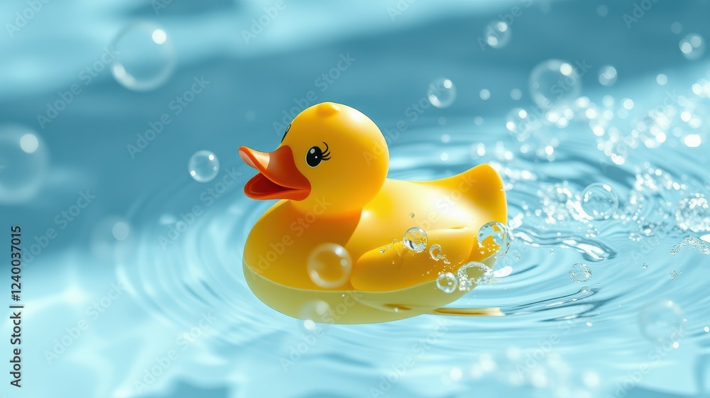 Bright yellow rubber duck floats in a pool surrounded by splashes and bubbles on a sunny day Bright yellow rubber duck floats in a pool surrounded by splashes and bubbles on a sunny day