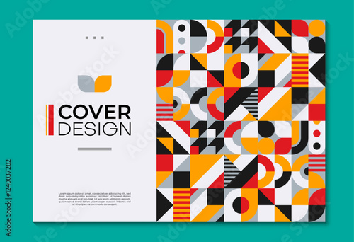 Abstract poster with geometric shapes and patterns. Vector background, cover template with retro minimal geometry figures, forms and vibrant colors for exhibit art, magazine, journal, album designs