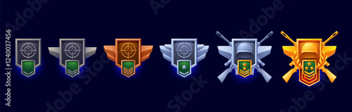 Military ground forces level medal, game rank badge sequence with increasing prestige. Icons progression includes targets, helmets, rifles, stars, and laurel leaves, transitioning from bronze to gold