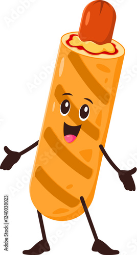 Cartoon funny corndog fast food character exuding a playful and friendly vibe. Isolated vector cute corn dog or hotdog takeaway meal personage. Street junk meal with juicy sausage in roasted dough