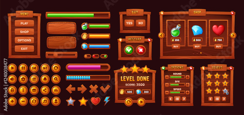 Wooden game interface buttons and bars or menu panels, vector cartoon UI elements and GUI assets. Arcade game menu buttons and interface controls with wooden loading bars and gamer panel settings