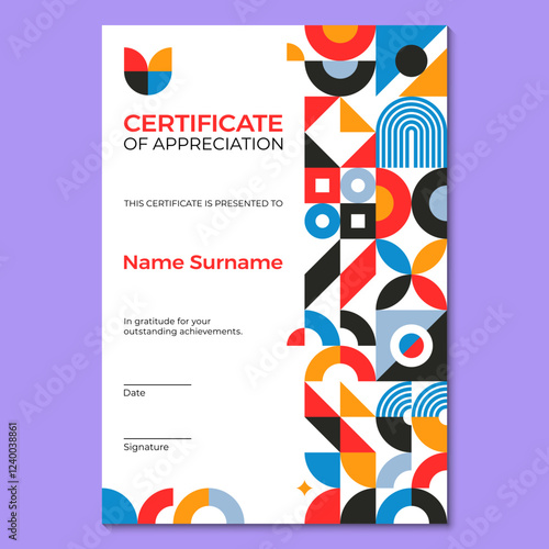 Certificate template with geometric pattern. Vector stylish vertical diploma with vibrant shapes and colors or white background. Award, recognition frame or official document of appreciation and honor