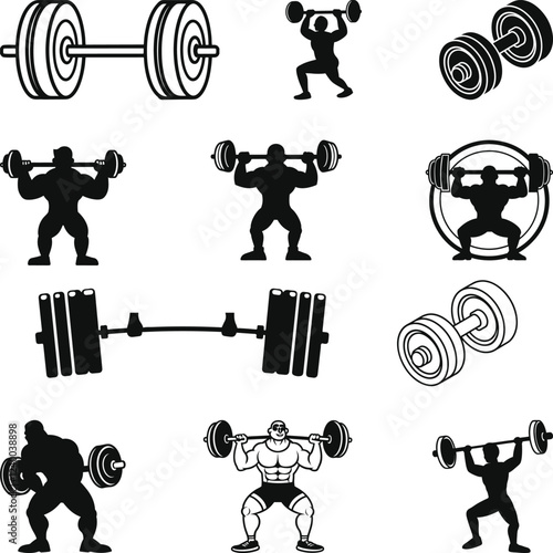 Weightlifting Silhouettes Set, Powerlifting bodybuilding silhouette vector illustration set Icon