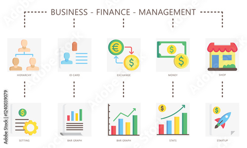 Business flat color icon set. contain exchange, money, graph, shop, stats, startup, id card, hierarchy and more. use for UI, UX, app and web development, digital or print, for financial, management.