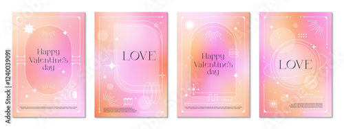 Pink color y2k gradient background posters or cover templates for Valentine day celebration. Vector vertical love glowing boho style backgrounds or banners with abstract retro futuristic brutal shapes