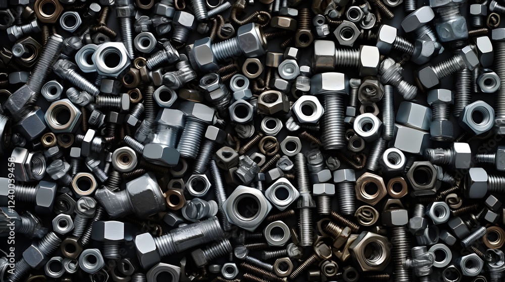 Scattered Industrial Nuts and Bolts on Metallic Surface Closeup View of Various Mechanical Hardware Elements Engineering Concept Scattered Industrial Nuts and Bolts on Metallic Surface Closeup View of Various Mechanical Hardware Elements Engineering Concept