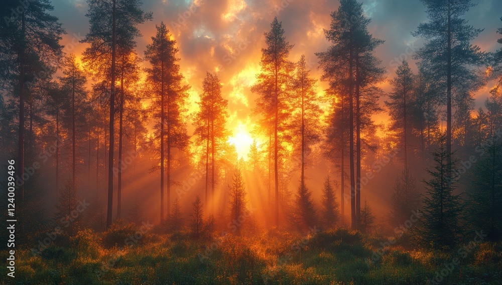 Serene Forest Dawn with Golden Sunrays and Soft Mist Serene Forest Dawn with Golden Sunrays and Soft Mist
