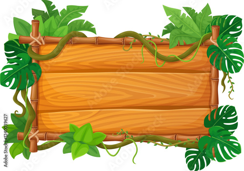Bamboo tropical frame with jungle lianas. Wooden signboard with monstera leaves, creeper roots or thicket. Cartoon vector wood banner with greenery. Timber panel, direction sign with rainforest plants