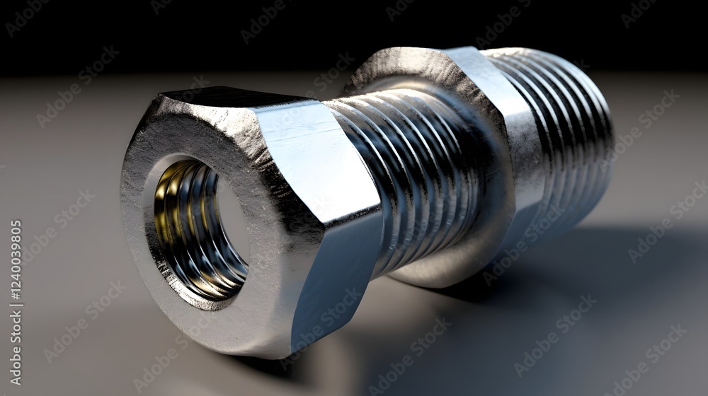 Close up view of an interlocking metallic nut and bolt fastened together Close up view of an interlocking metallic nut and bolt fastened together