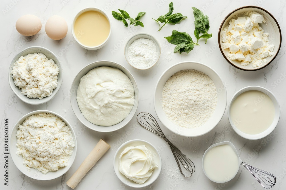 Baking ingredients arranged neatly on a marble surface Baking ingredients arranged neatly on a marble surface