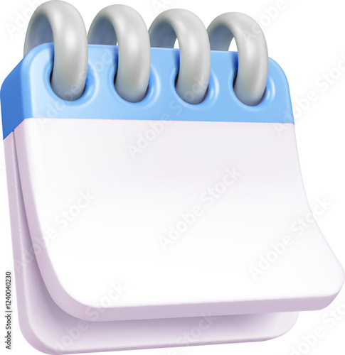 3D render event planner calendar icon. Isolated vector spiral bound notepad, meeting and dates reminder with blue binding and white slight curl page. Calendar for appointments, deadlines, planning