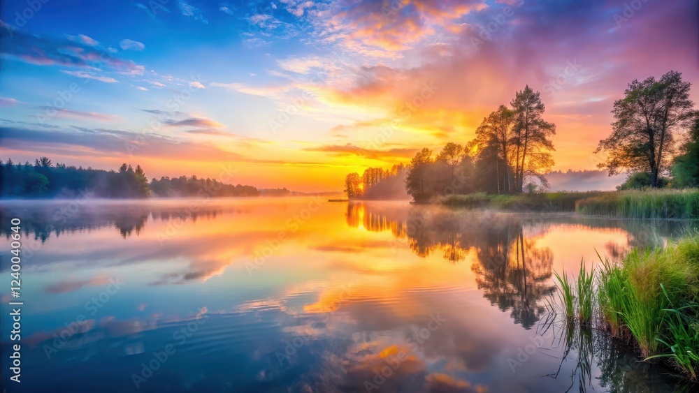 Fototapeta premium Serene lake landscape at dawn with misty atmosphere and vibrant colors of sunrise, landscape, dawn, landscape,dawn