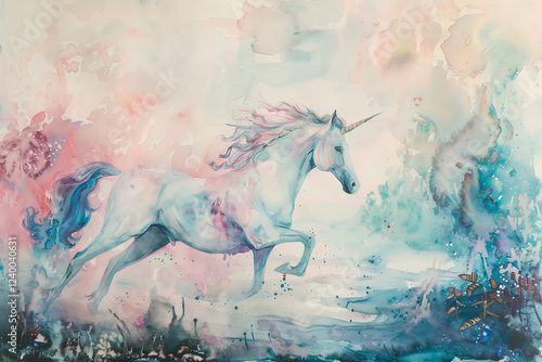 Bring to life a dreamlike scene of a unicorn galloping through a pastel-colored dreamscape, rendered in delicate watercolors for a whimsical touch photo