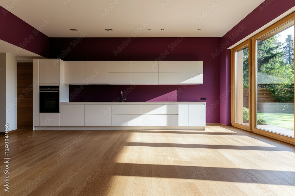 Fototapeta premium Modern kitchen with white cabinets and purple wall