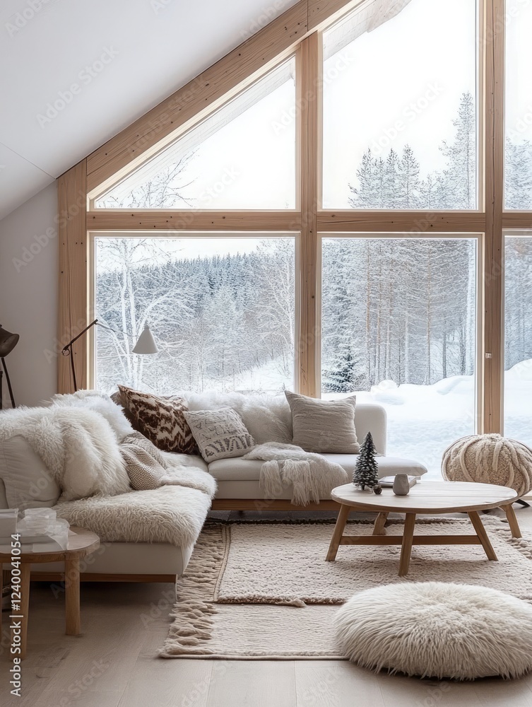 Fototapeta premium Cozy Living Room With Snow Covered Winter Forest View