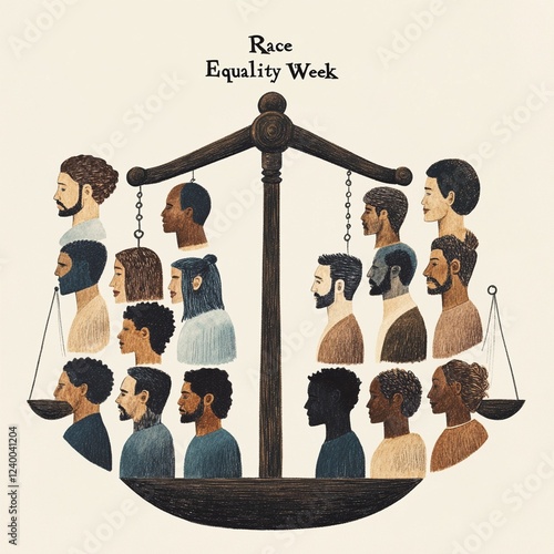 a scale balanced with faces of different races and ethnicities on each side photo