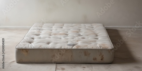 A worn single bed mattress rests on a light colored floor against a plain wall, showing signs of significant staining and age