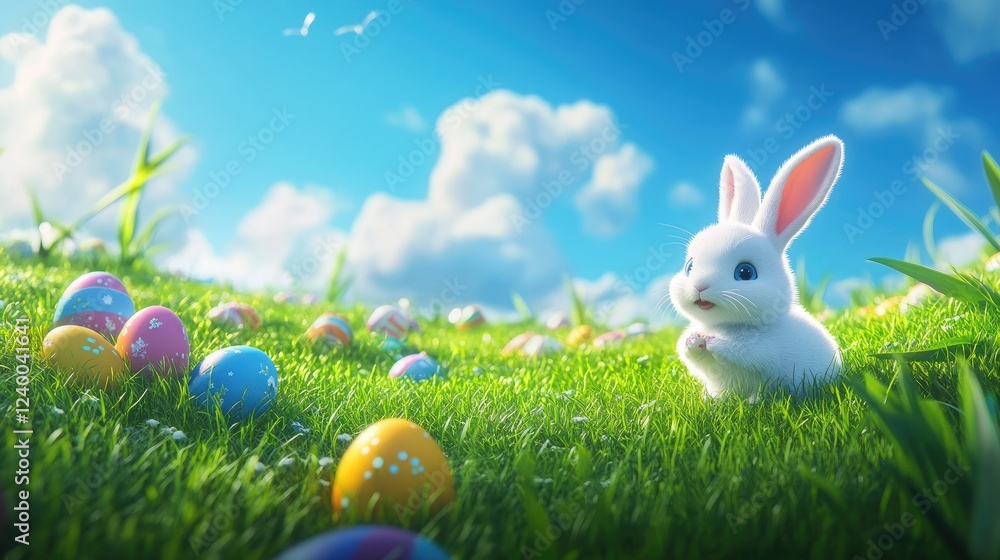 Fototapeta premium Cute White Bunny among Colorful Easter Eggs in Bright Spring Meadow