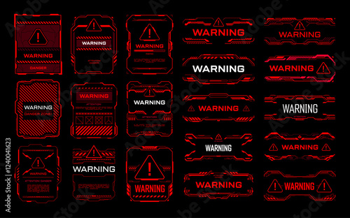 Red warning danger HUD interface frames. Vector alert, attention notification, caution, futuristic ski fi UI signs and elements in modern technology style. Pop up alarm screens for hacker virus attack