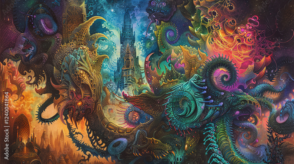 Capture the awe-inspiring blend of mythical beings and architectural grandeur through a worms-eye view Utilize colored pencils to detail intricate creatures set against majestic structures, enhanced b