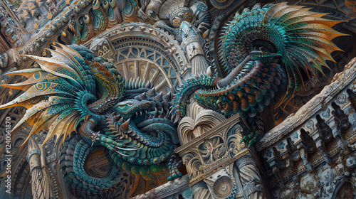 Wallpaper Mural Capture the awe-inspiring blend of mythical beings and architectural grandeur through a worms-eye view Utilize colored pencils to detail intricate creatures set against majestic structures, enhanced b Torontodigital.ca