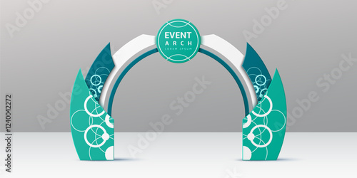 Azure event arch, realistic 3d vector exhibition entrance with teal and white color scheme, and modern circular patterns. Stylish gateway frame for festive or corporate events, promo and conferences
