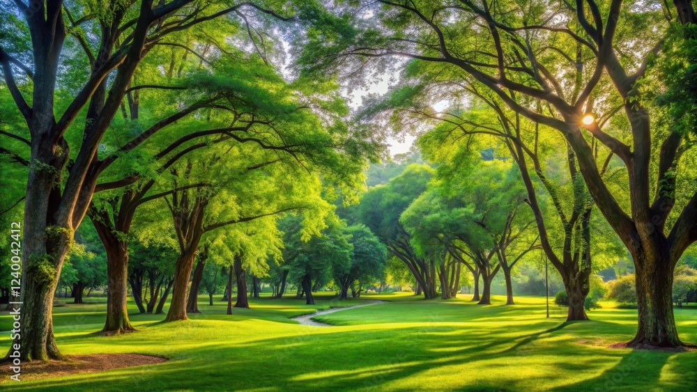 Obraz premium Lush greenery envelops a serene park landscape with tall trees and vibrant foliage