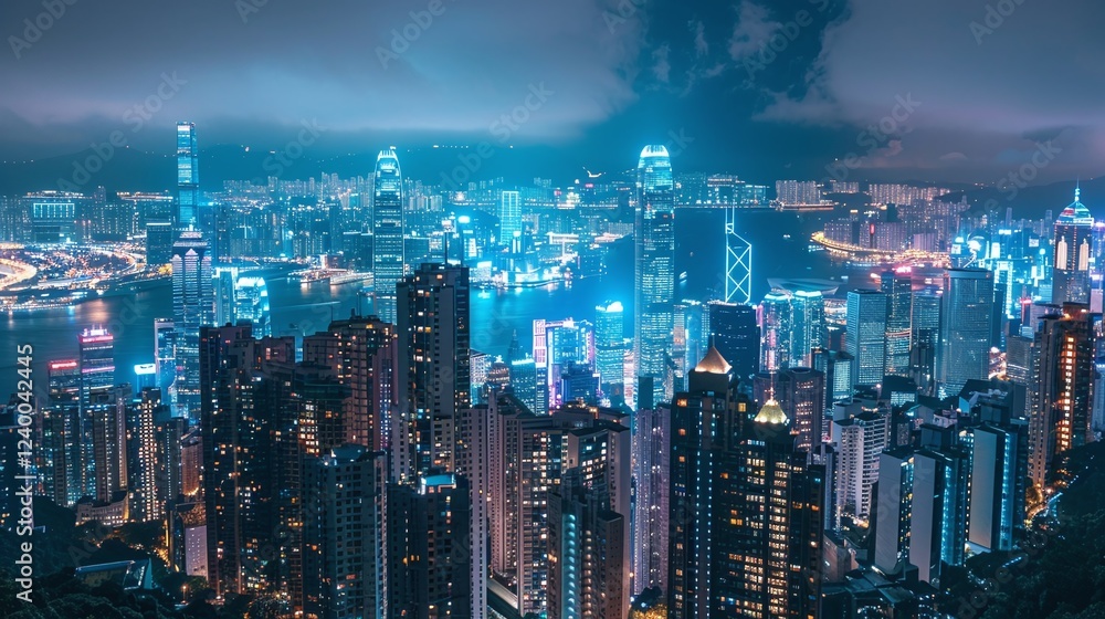 Fototapeta premium Breathtaking illuminated Hong Kong cityscape at night featuring a dense skyline of towering skyscrapers and iconic architecture bathed in a vibrant glowing display of lights The dynamic