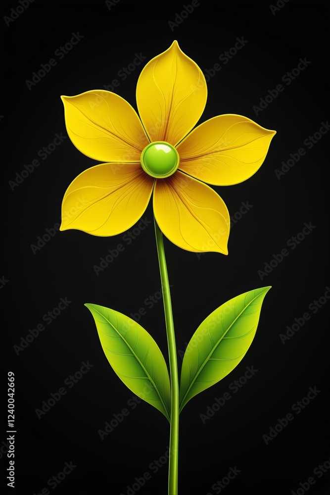 Obraz premium yellow flower with green leaves on a black background